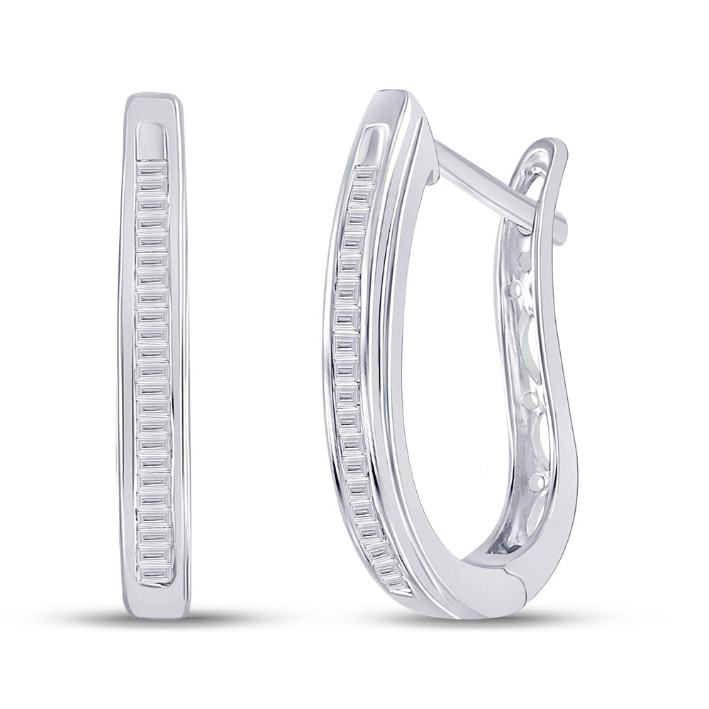 Sterling Silver Baguette Diamond Channel-set Womens Oblong Hoop Earrings 1/4 Cttw, Length: 0.77 In, Width: 0.1 In