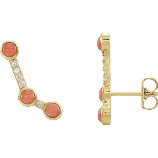 14K Yellow Gold 3 Mm Round Friction Back Polished Natural Pink Coral And .08 Ctw Natural Diamond Ear Climbers