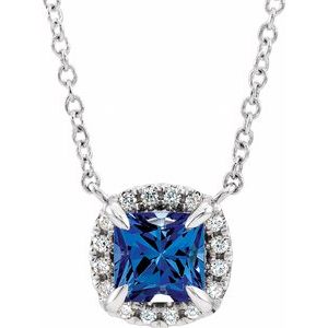 14K White Gold Square 3.5 X 3.5Mm G-H I1 Natural Blue Sapphire And .05 Ctw Natural Diamond Necklace, Length: 18 In