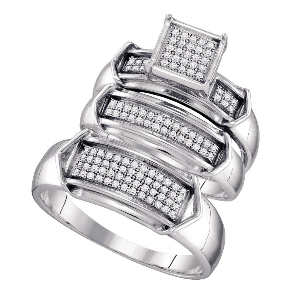 Sterling Silver His Hers Round Diamond Cluster Matching Wedding Set 1/3 Cttw, Womens Size: 5-10, Mens Size: 7-13