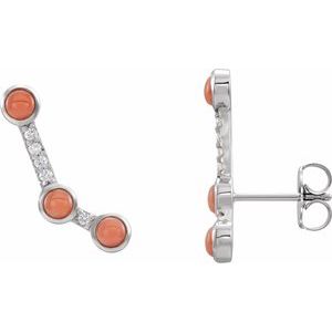 14K White Gold Round 3 Mm Natural Pink Coral And .01 Ctw Natural Diamond Ear Climbers