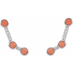 14K White Gold Round 3 Mm Natural Pink Coral And .01 Ctw Natural Diamond Ear Climbers