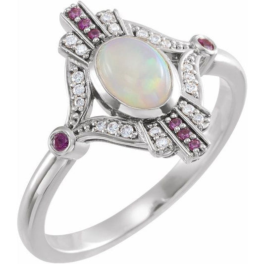 14K White Or Rose Gold Oval 7 X 5 Mm Polished Natural Ethiopian Opal, Pink Sapphire And .06 Ctw Diamond Ring, Size 7