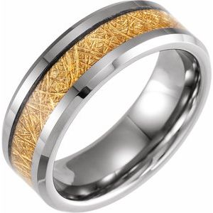 Tungsten 8 mm Beveled-Edge Imitation Gold Meteorite Inlay Comfort-Fit Flat Band