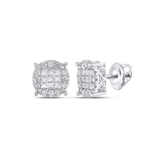 14K White Or Yellow Gold Womens Princess Diamond Fashion Cluster Earrings