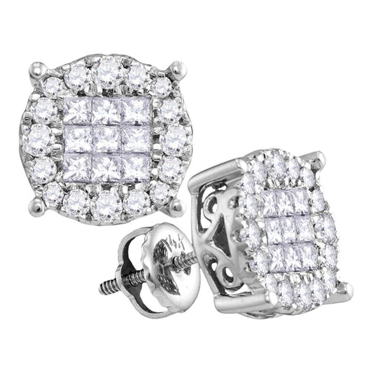 14K White Gold Womens Princess Diamond Cluster Earrings 1/2 Cttw
