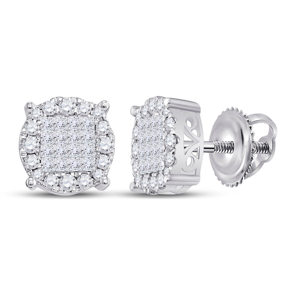 14K White Gold Womens Princess Diamond Fashion Cluster Earrings 1 Cttw