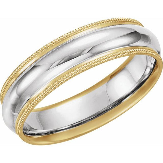 14K Yellow/White/Yellow Gold 6 Mm Polished Milgrain Grooved Comfort-Fit Band, Size 8