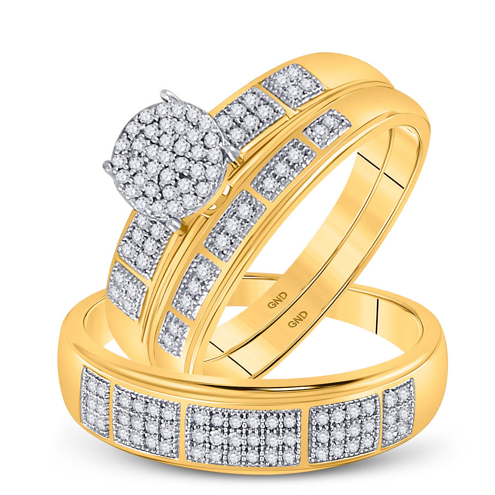 10K Yellow Gold His Hers Round Diamond Cluster Matching Wedding Set 1/3 Cttw, Womens Size: 5-10, Mens Size: 7-13