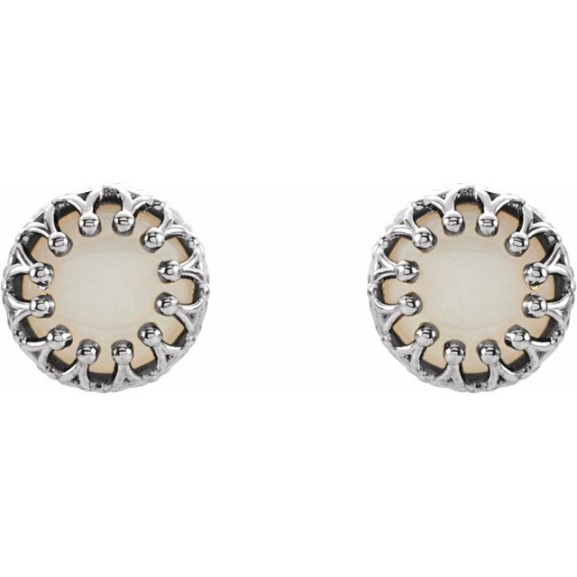 14K White Gold Round Pair 6 Mm Friction Bezel Polished Natural White Opal Cabachon Earrings