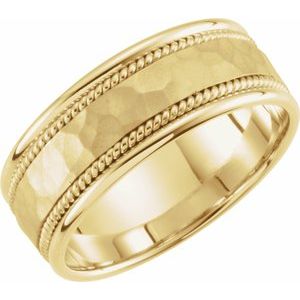 14K Yellow Gold 8 mm Flat Comfort-Fit Rope Band with Hammer Finish Size 10