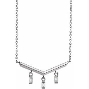 14K White Gold Straight Baguette 3 X 1.5Mm Ghi Si2-Si3 1/8 Ctw Natural Diamond V Bar Necklace, Length: 18 In