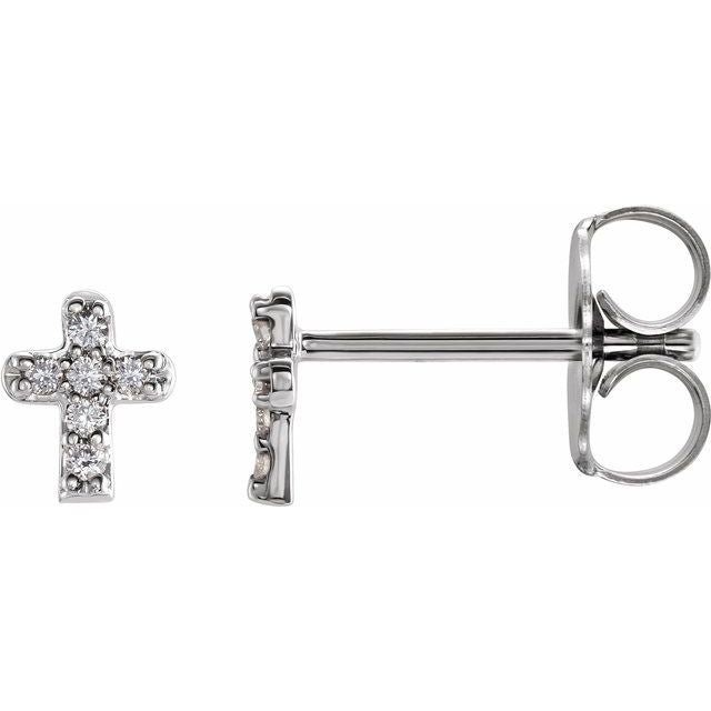 14K White Or Yellow Gold 1 Mm Round Friction Back Polished .06 Ctw Natural Diamond Youth Cross Earrings