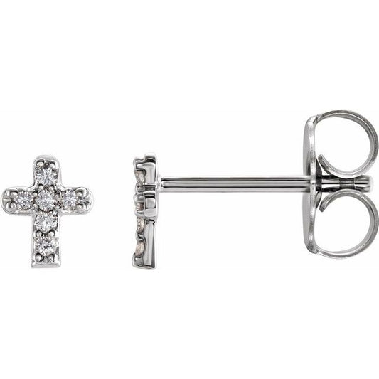 14K White Or Yellow Gold 1 Mm Round Friction Back Polished .06 Ctw Natural Diamond Youth Cross Earrings