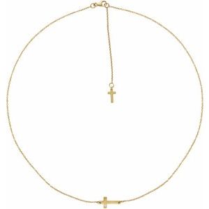 14K Yellow Gold Round 1.3Mm G-I I1 .01 Ct Natural Diamond Sideways Cross Necklace, Length: 18 In