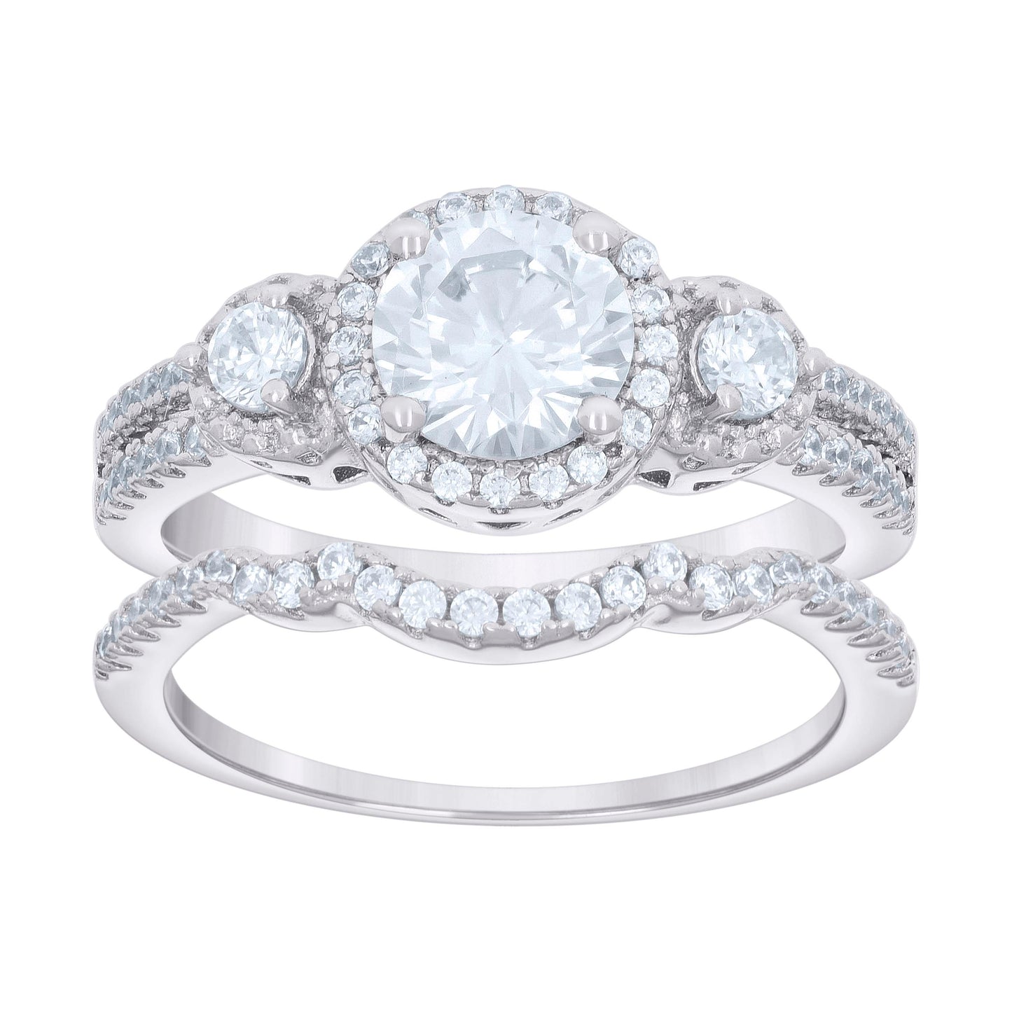 Sterling Silver Womens Cubic-Zirconia Round Head Fashion Duo Bridal Anniversary Wedding Engagement Band Ring Set