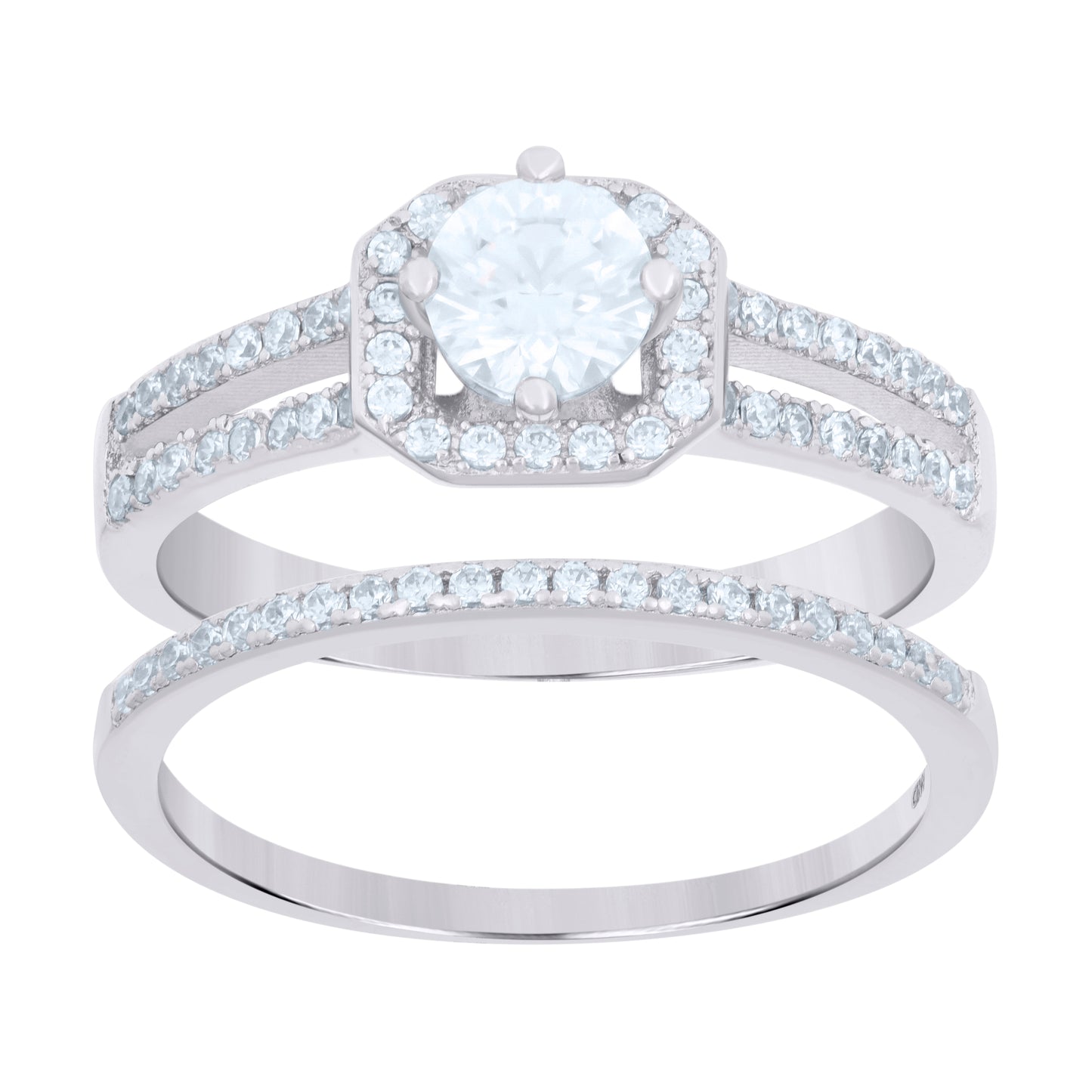 Sterling Silver Women's Cubic-Zirconia Duo Bridal Anniversary Wedding Engagement Band Ring Set