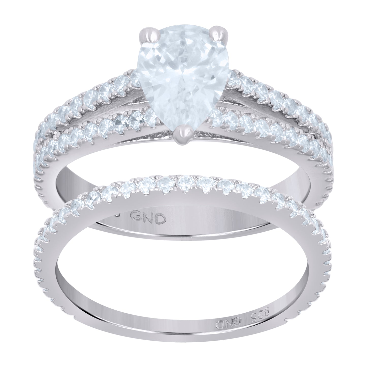 Sterling Silver Womens Pear Round Cubic-Zirconia Pear Duo Bridal Anniversary Wedding Engagement Band Ring Set