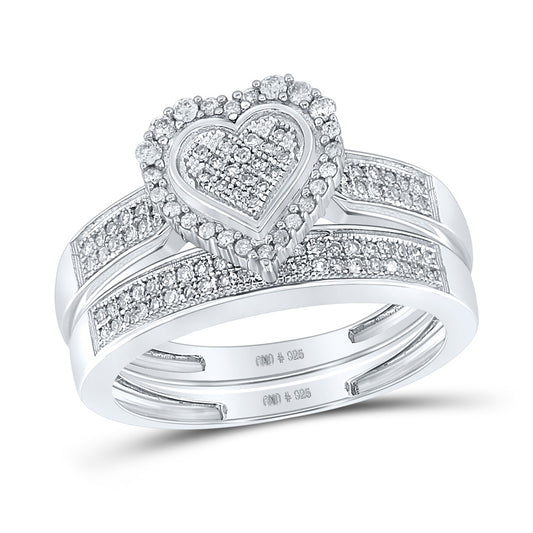 Sterling Silver Round Diamond Heart Bridal Wedding Ring Band Set 3/8 Cttw, Womens Size: 5-10