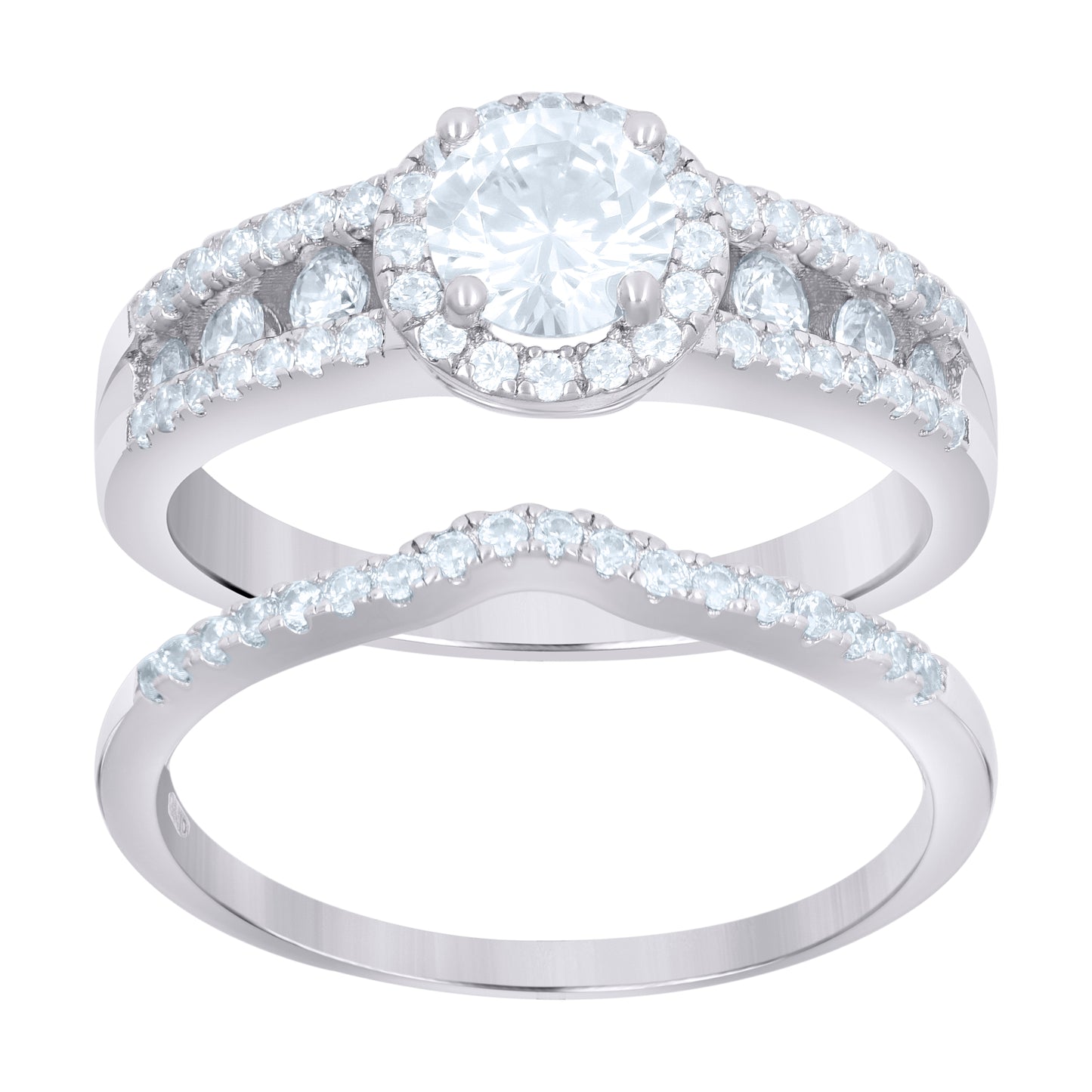 Sterling Silver Women's Cubic-Zirconia Duo Bridal Anniversary Wedding Engagement Band Ring Set