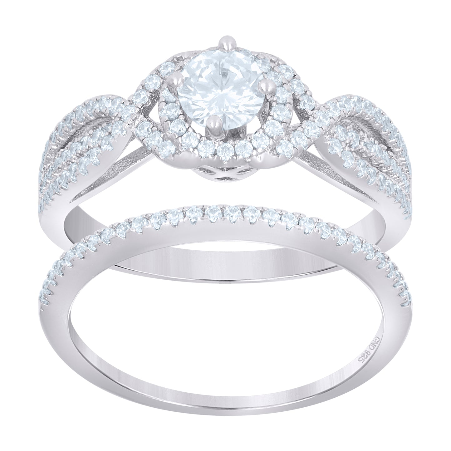 Sterling Silver Women's Cubic-Zirconia Duo Bridal Anniversary Wedding Engagement Band Ring Set