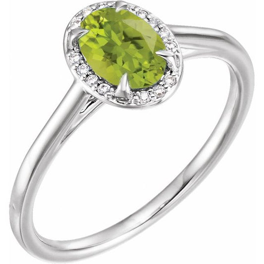 14K White Gold Oval 7 X 5 Mm Polished Natural Peridot And .03 Ctw Natural Diamond Ring, Size 7