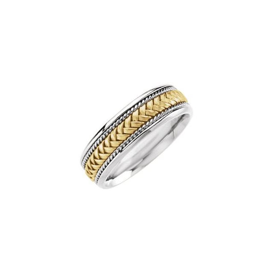 14K White/Yellow 6.75 Mm Polished Rope Woven Comfort-Fit Flat Band, Size 15