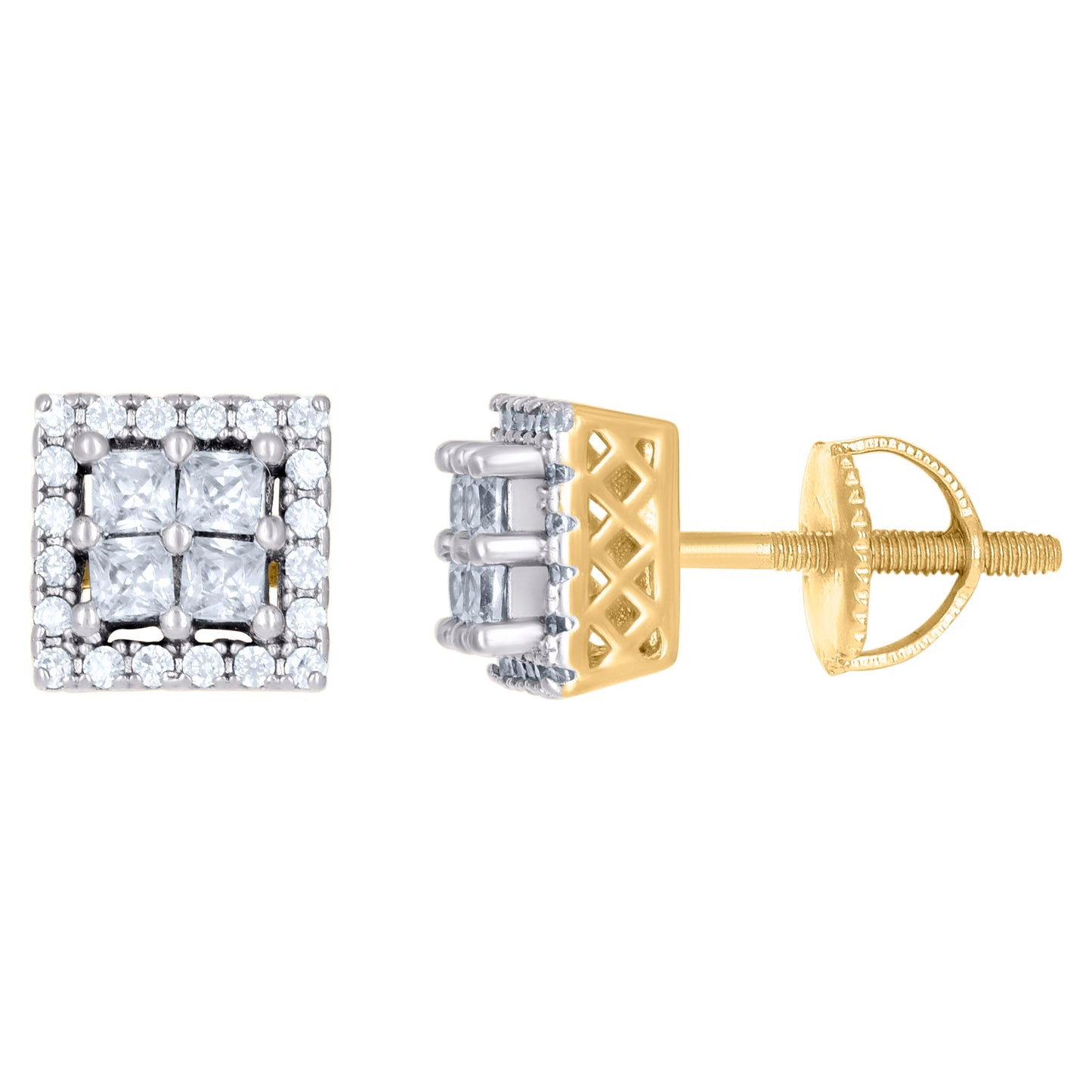Sterling Silver Or Yellow-Tone Unisex Princess-Cut Cubic-Zirconia Square Fashion Stud Earrings