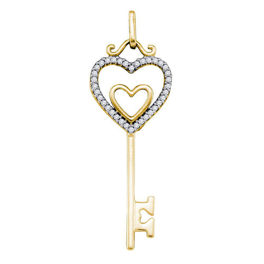 10K Yellow Gold Womens Round Diamond Heart Key Pendant 1/10 Cttw, Length: 1.42 In, Width: 0.49 In