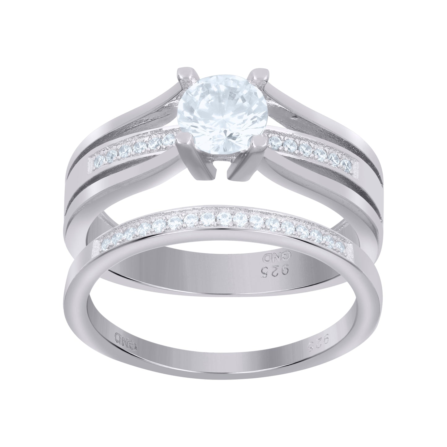 Sterling Silver Women's Cubic-Zirconia Duo Bridal Anniversary Wedding Engagement Band Ring Set