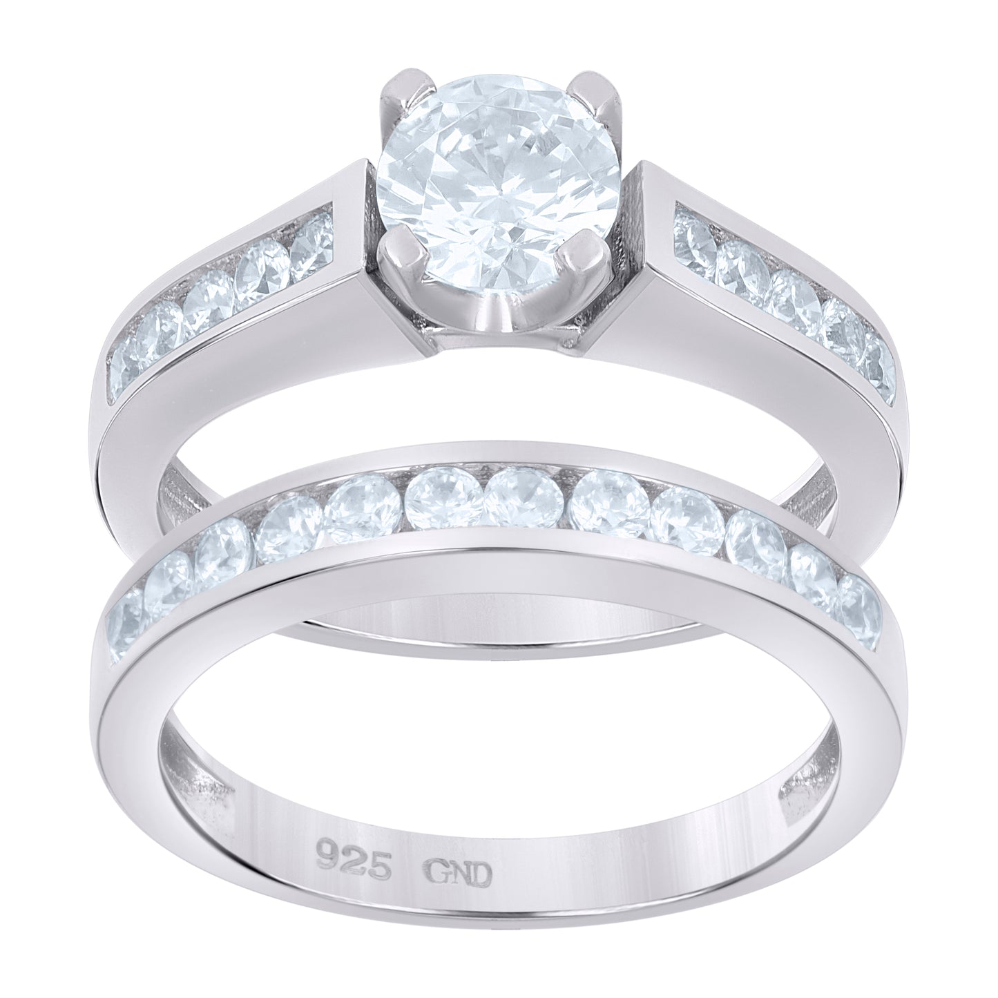 Sterling Silver Women's Cubic-Zirconia Duo Bridal Anniversary Wedding Engagement Band Ring Set