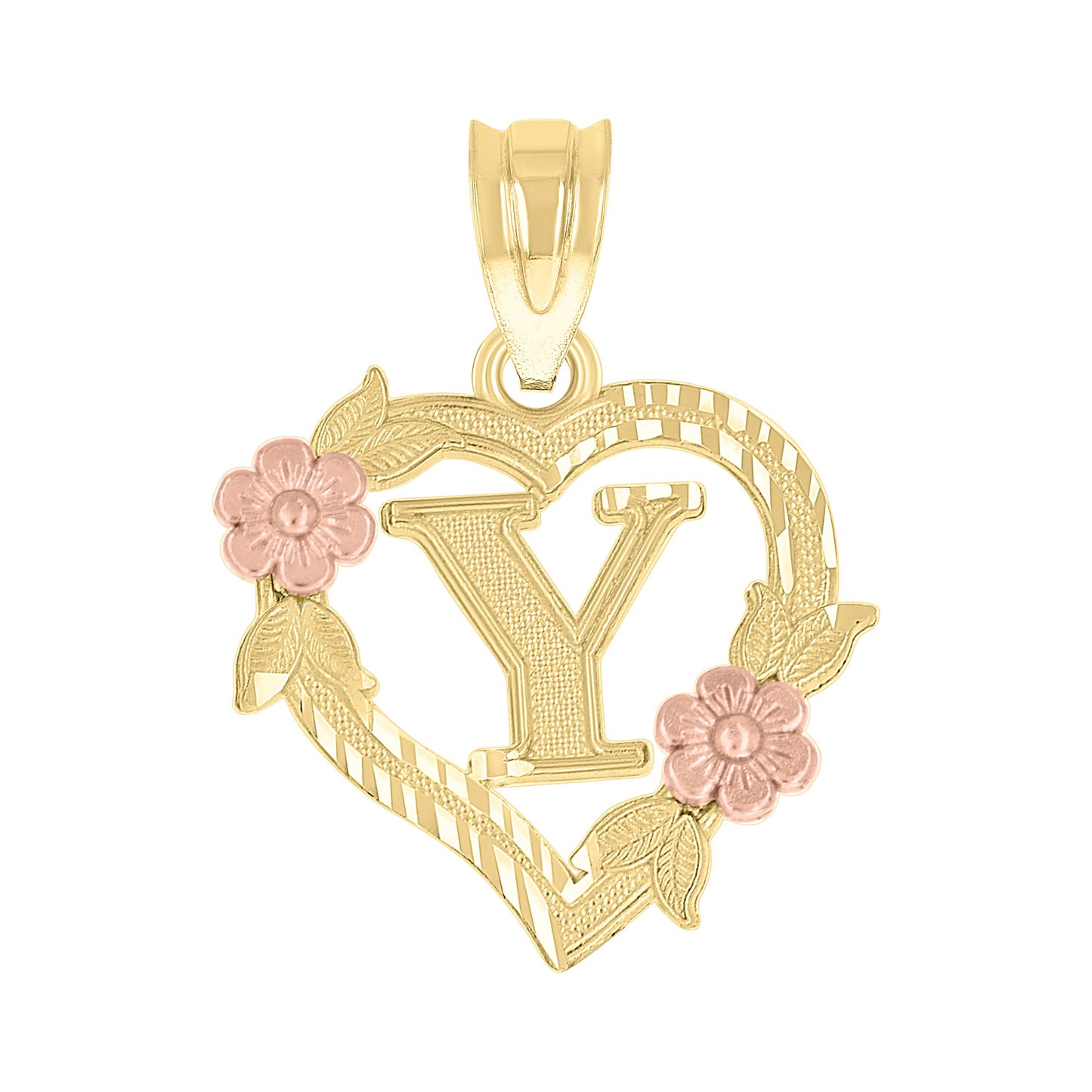 10K Two-Tone Gold Womens Heart Flower Initial Letter Charm Pendant