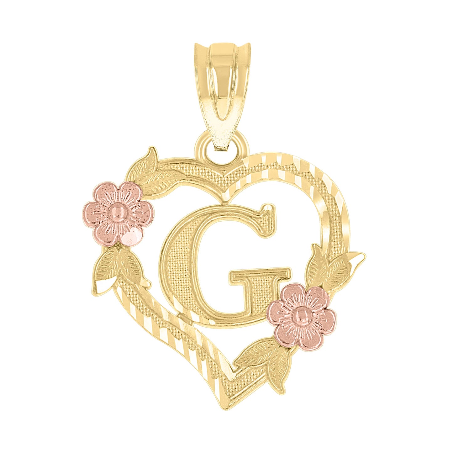 10K Two-Tone Gold Womens Heart Flower Initial Letter Charm Pendant