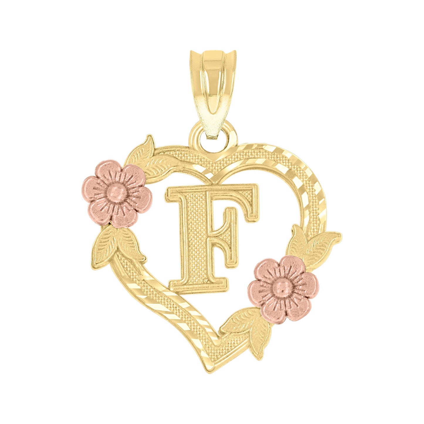 10K Two-Tone Gold Womens Heart Flower Initial Letter Charm Pendant