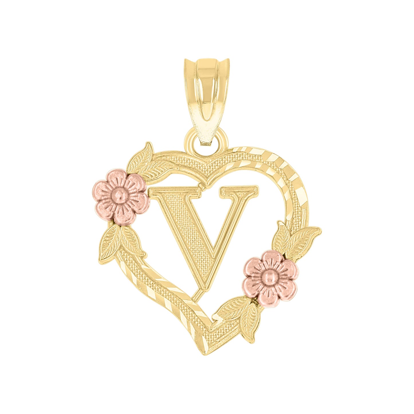 10K Two-Tone Gold Womens Heart Flower Initial Letter Charm Pendant
