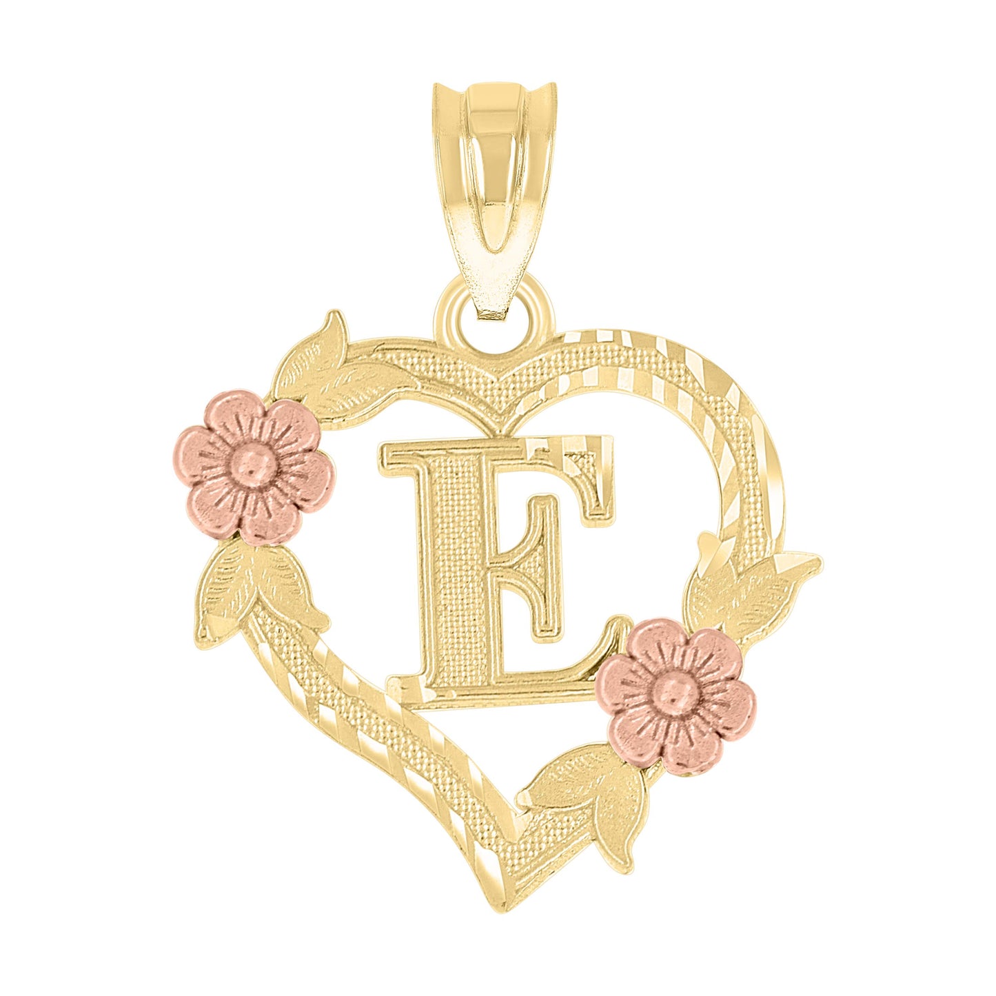 10K Two-Tone Gold Womens Heart Flower Initial Letter Charm Pendant