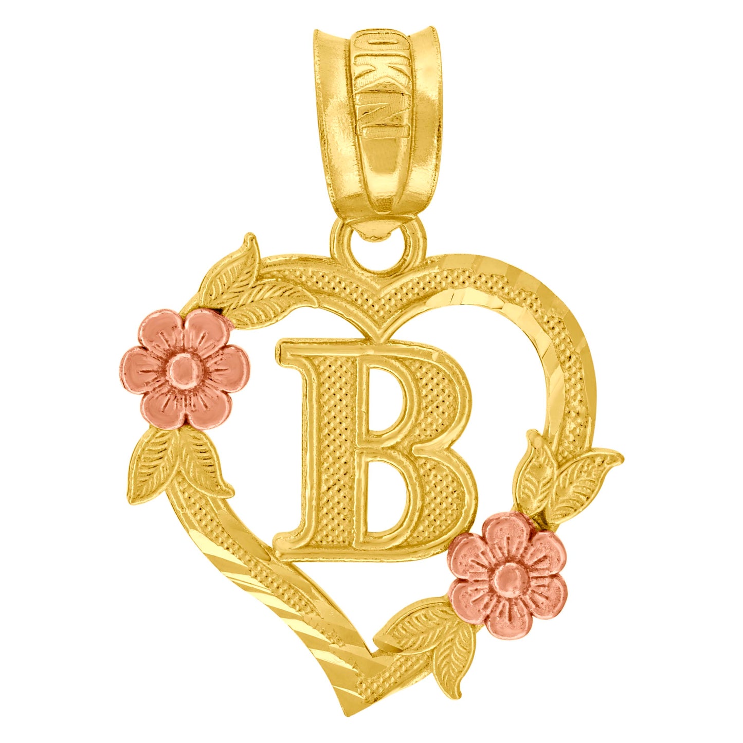 10K Two-Tone Gold Womens Heart Flower Initial Letter Charm Pendant