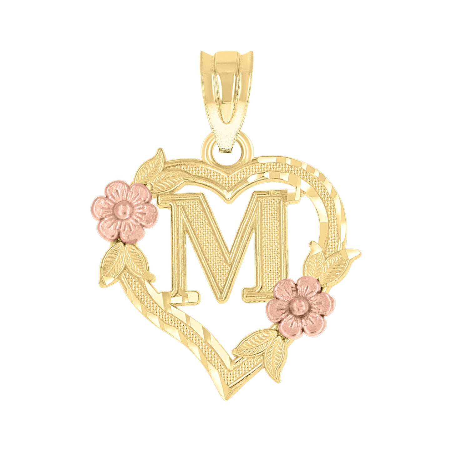 10K Two-Tone Gold Womens Heart Flower Initial Letter Charm Pendant