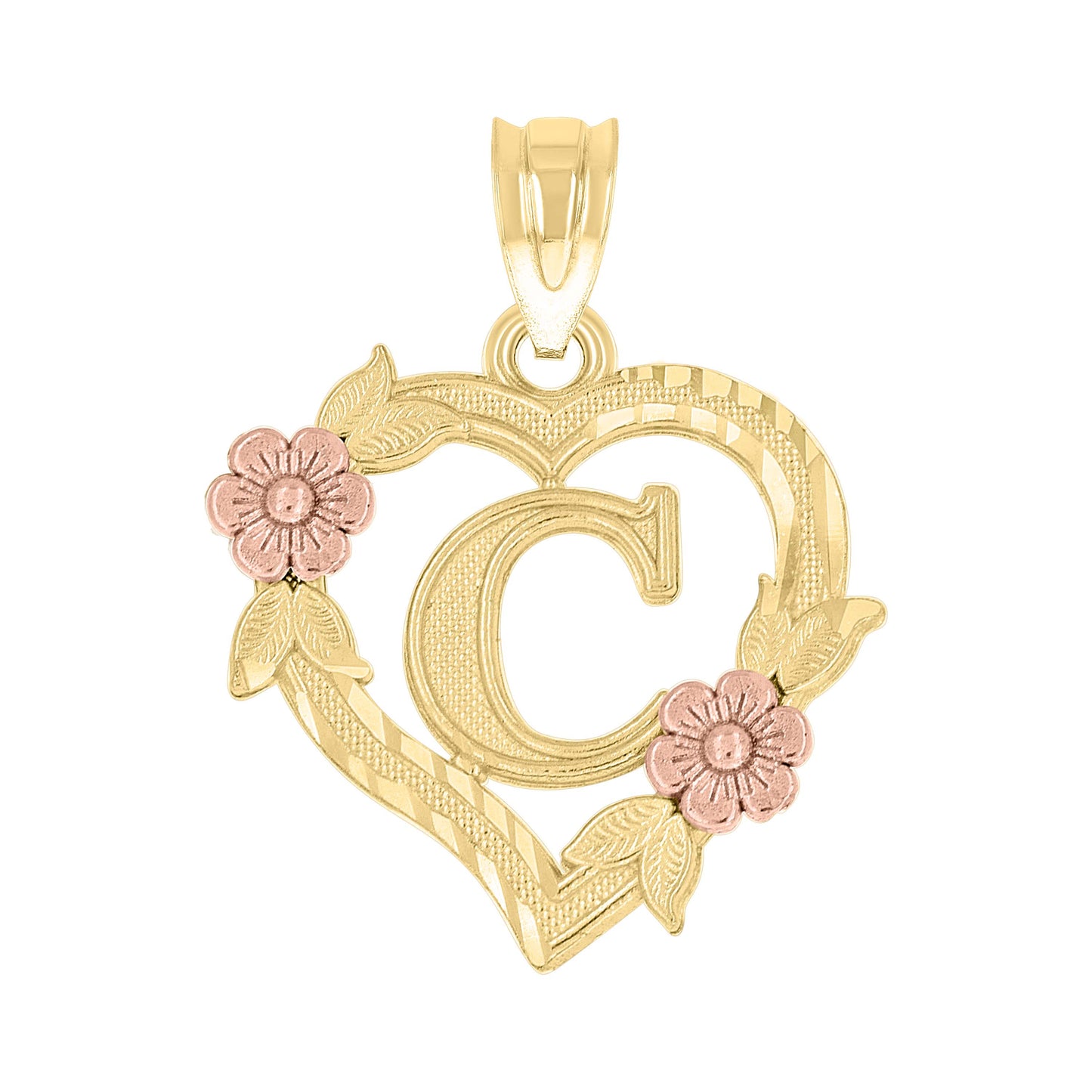 10K Two-Tone Gold Womens Heart Flower Initial Letter Charm Pendant