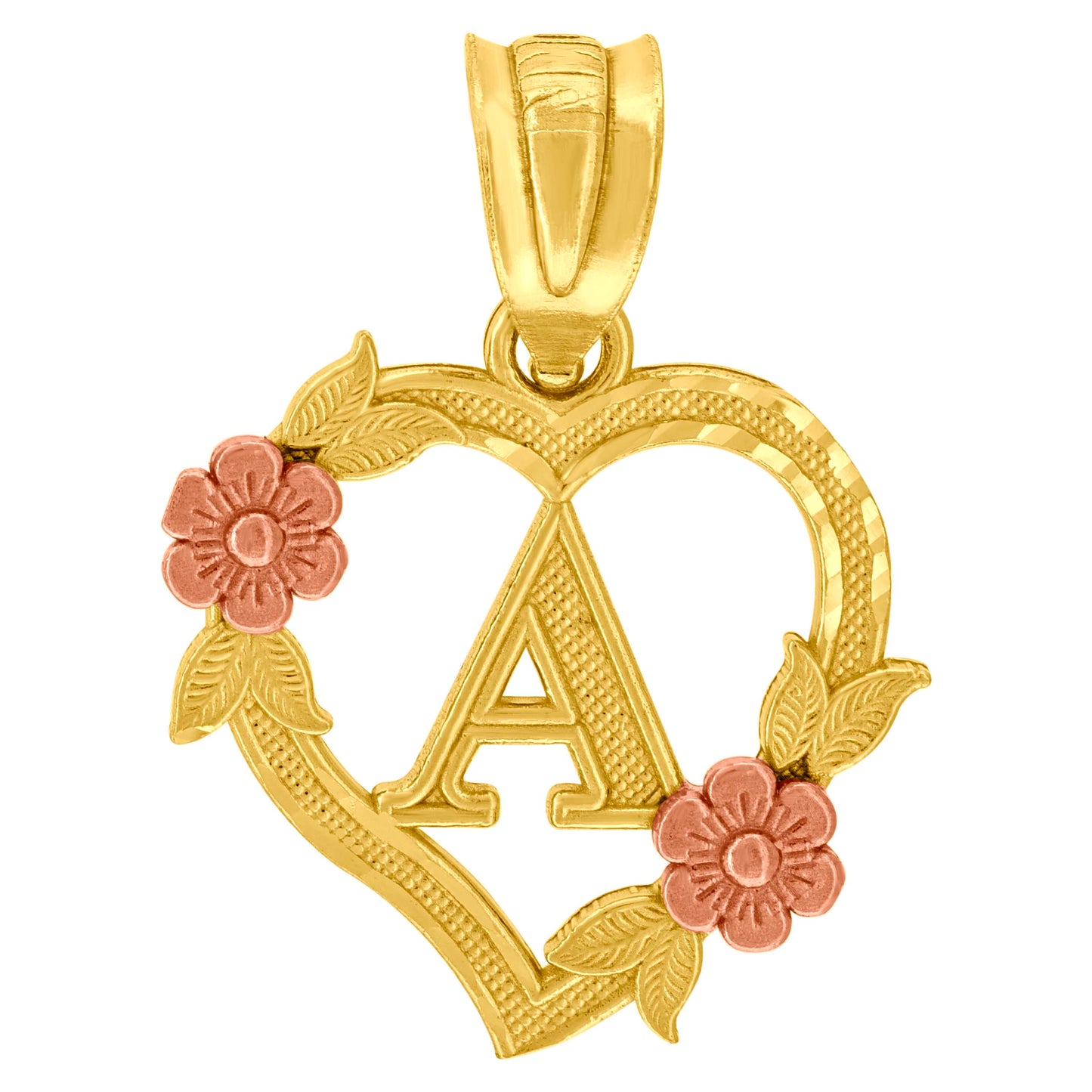 10K Two-Tone Gold Womens Heart Flower Initial Letter Charm Pendant