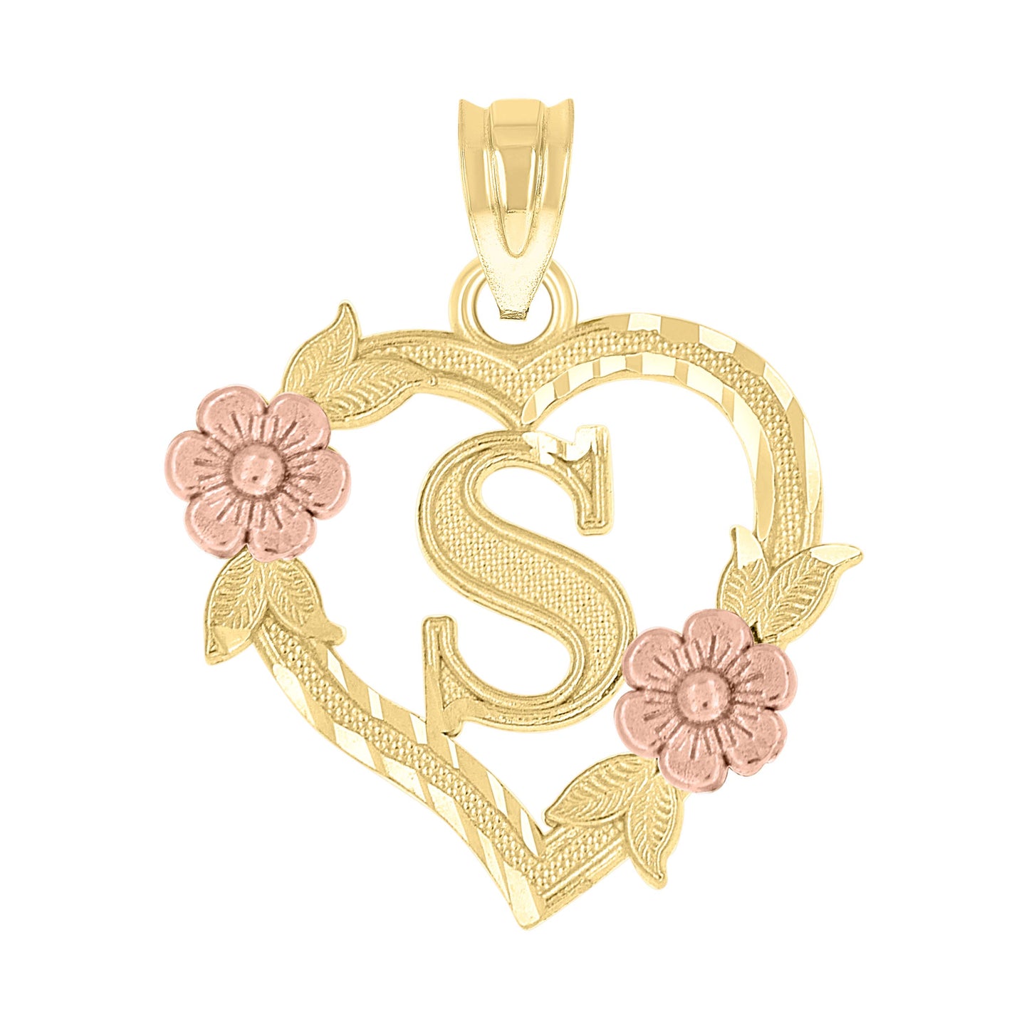 10K Two-Tone Gold Womens Heart Flower Initial Letter Charm Pendant