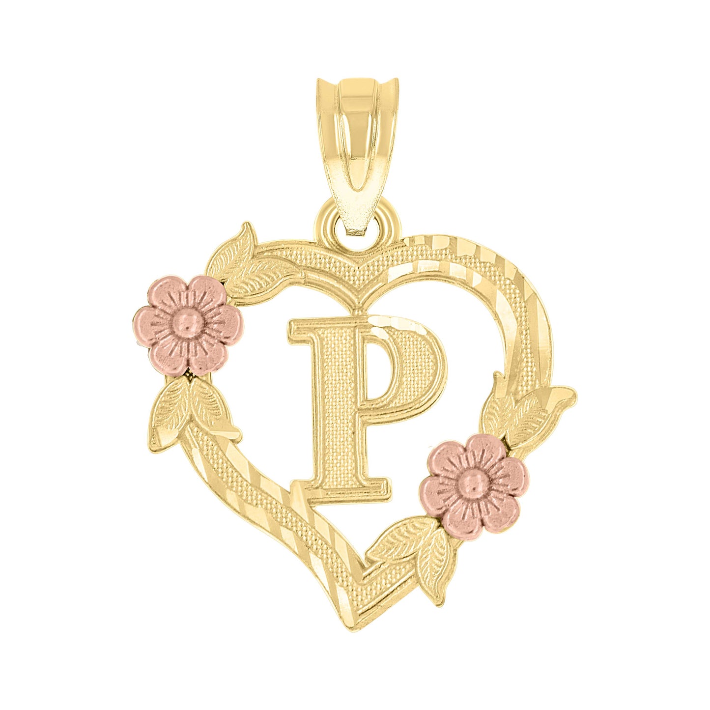 10K Two-Tone Gold Womens Heart Flower Initial Letter Charm Pendant