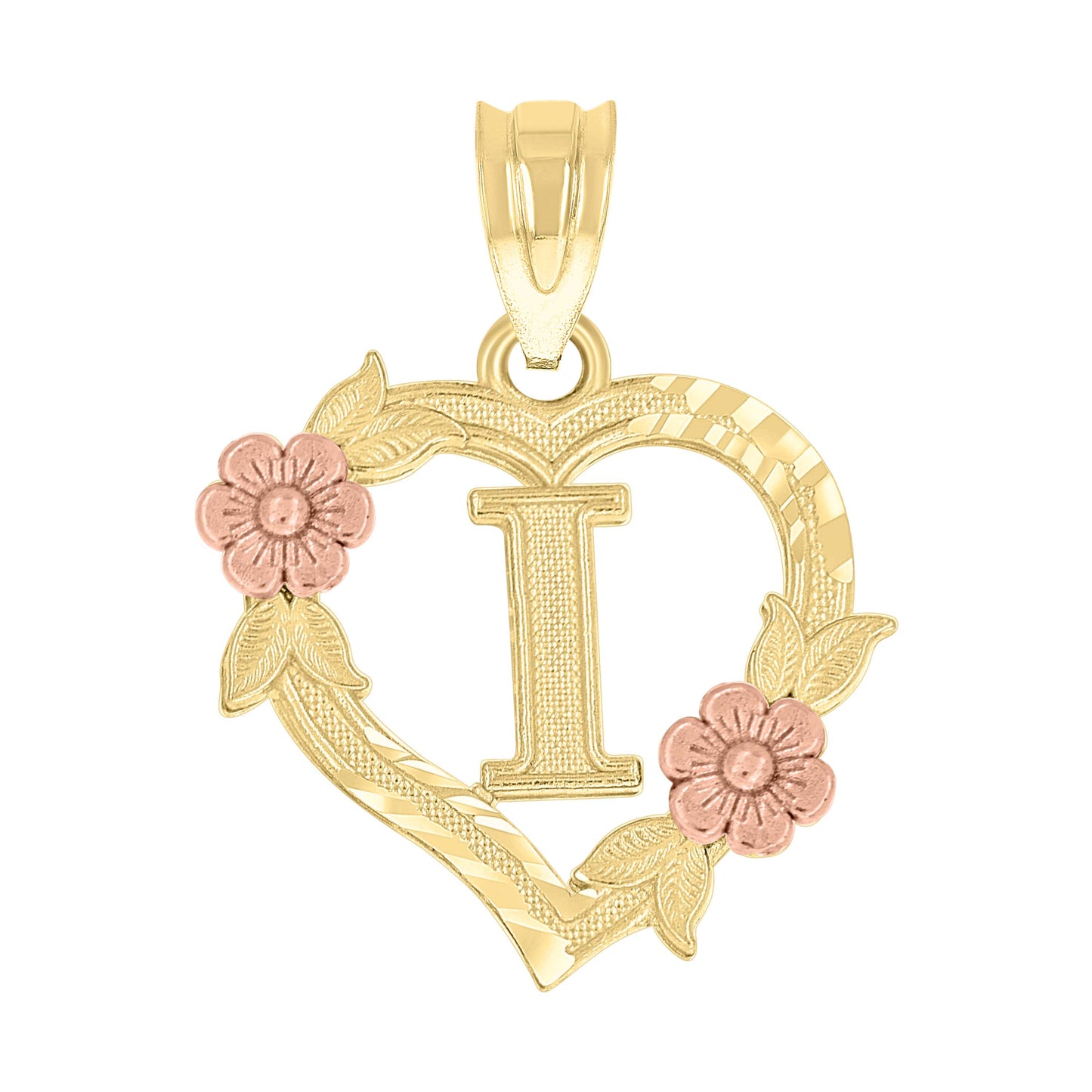 10K Two-Tone Gold Womens Heart Flower Initial Letter Charm Pendant