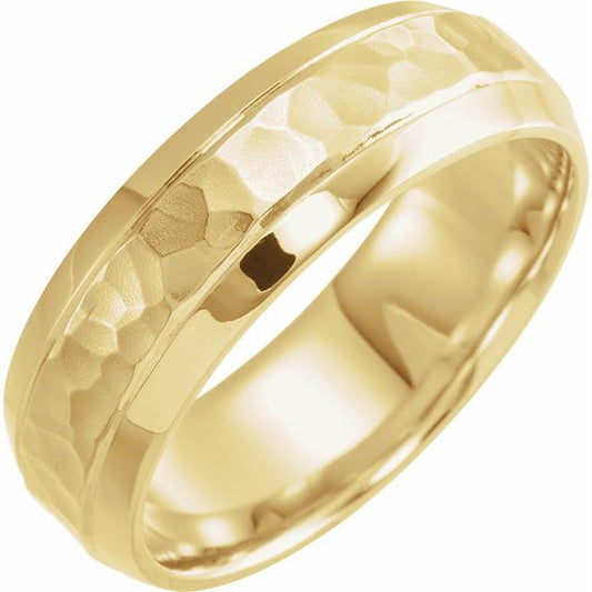 10K Yellow Gold 7 Mm  Polished Beveled-Edge Comfort-Fit Band With Hammer Finish, Size 8