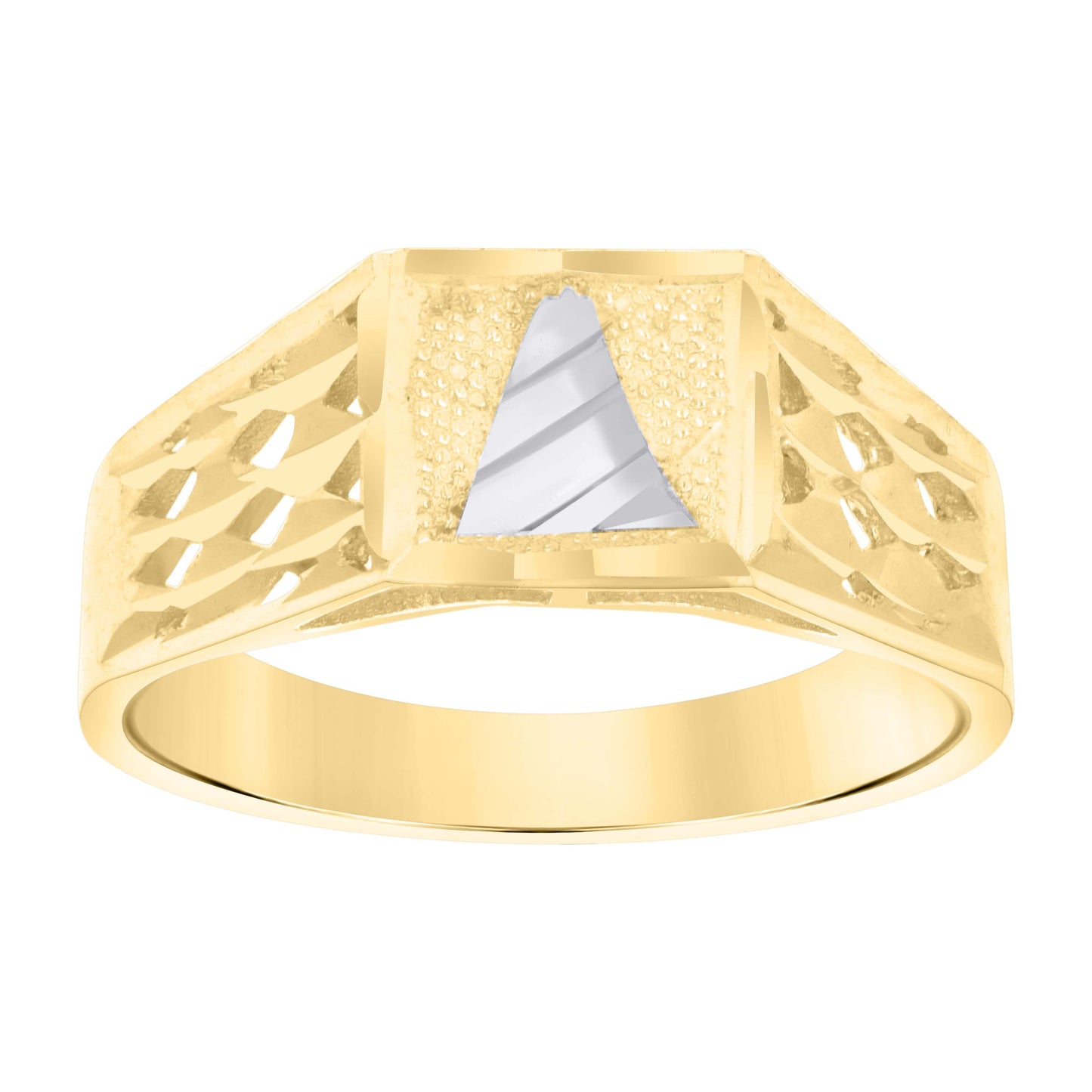 10K Two-Tone Gold Mens Diamond-Cut Textured Initial Letter Band Ring