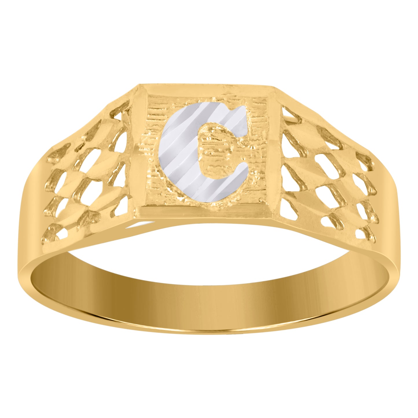 10K Two-Tone Gold Mens Diamond-Cut Textured Initial Letter Band Ring