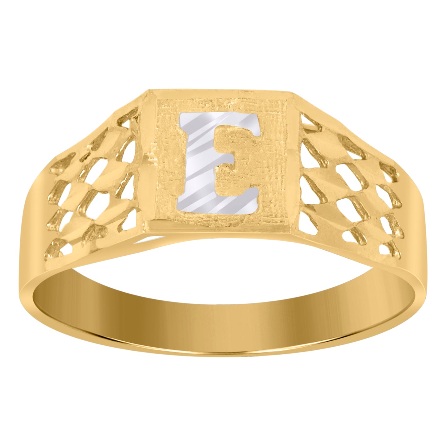 10K Two-Tone Gold Mens Diamond-Cut Textured Initial Letter Band Ring