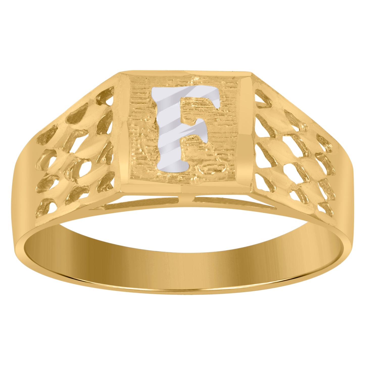 10K Two-Tone Gold Mens Diamond-Cut Textured Initial Letter Band Ring