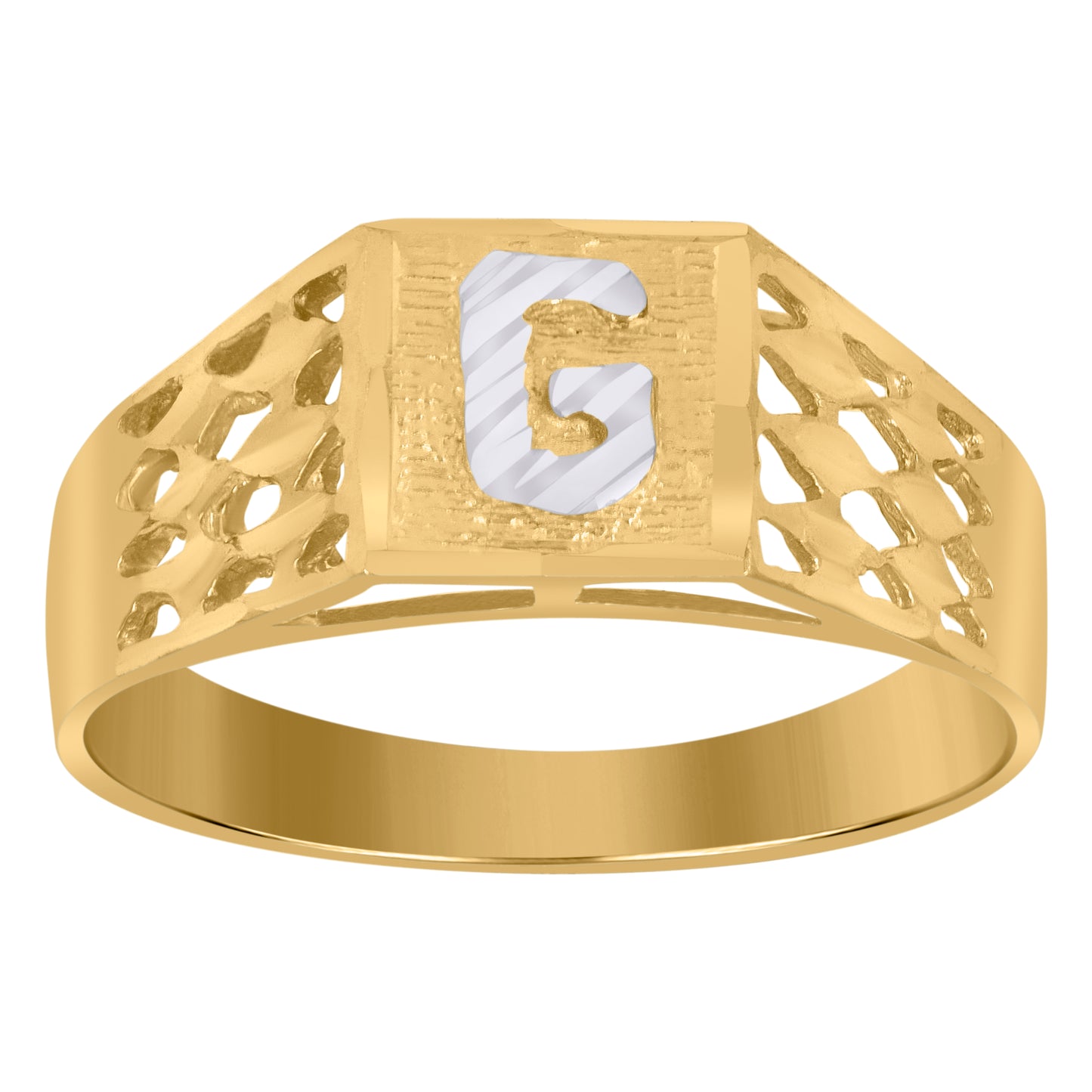 10K Two-Tone Gold Mens Diamond-Cut Textured Initial Letter Band Ring
