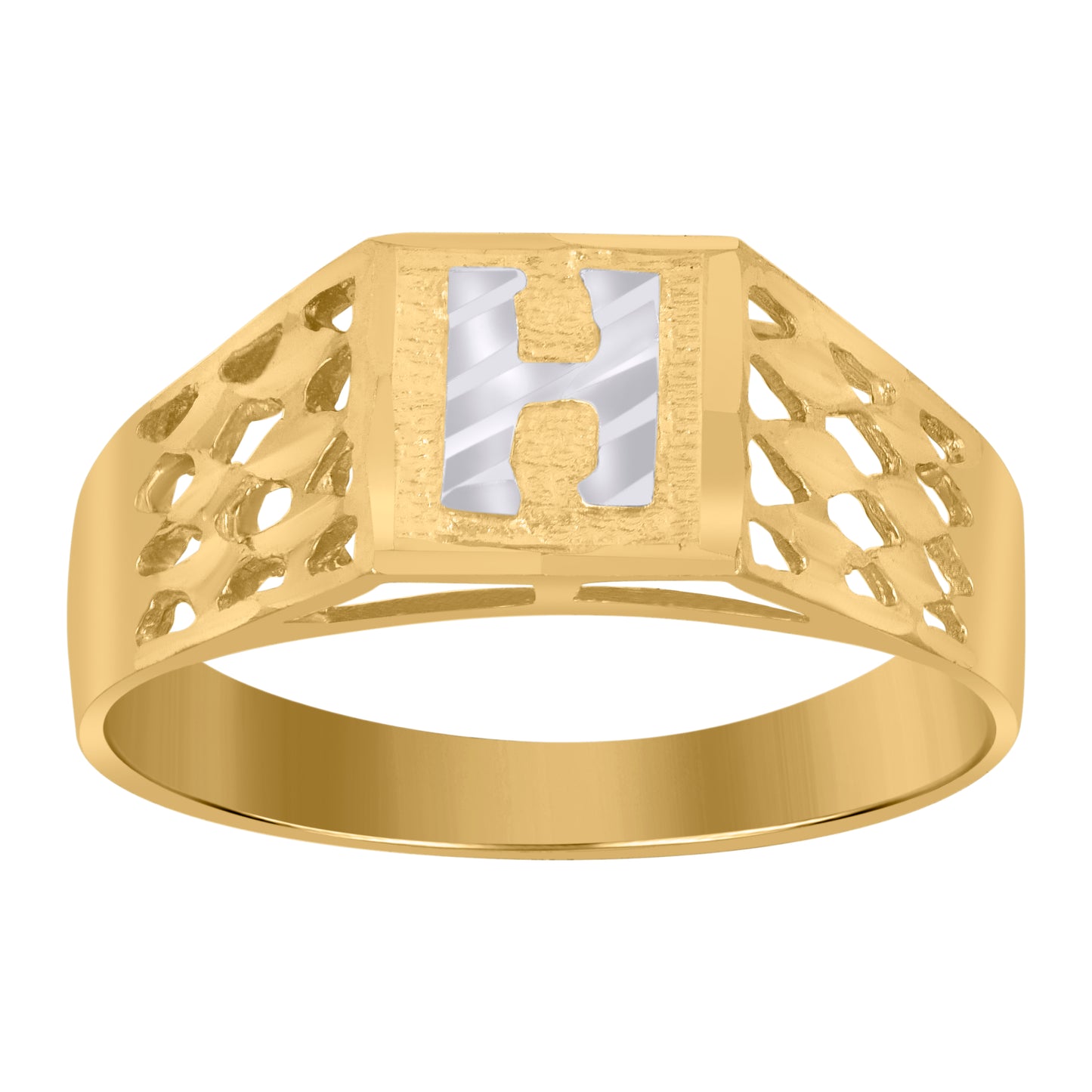 10K Two-Tone Gold Mens Diamond-Cut Textured Initial Letter Band Ring